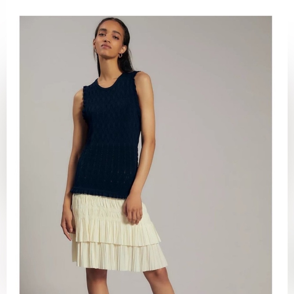 NWT Anthropologie Current Air Pleated Mini Dress Navy Knit Ivory White M